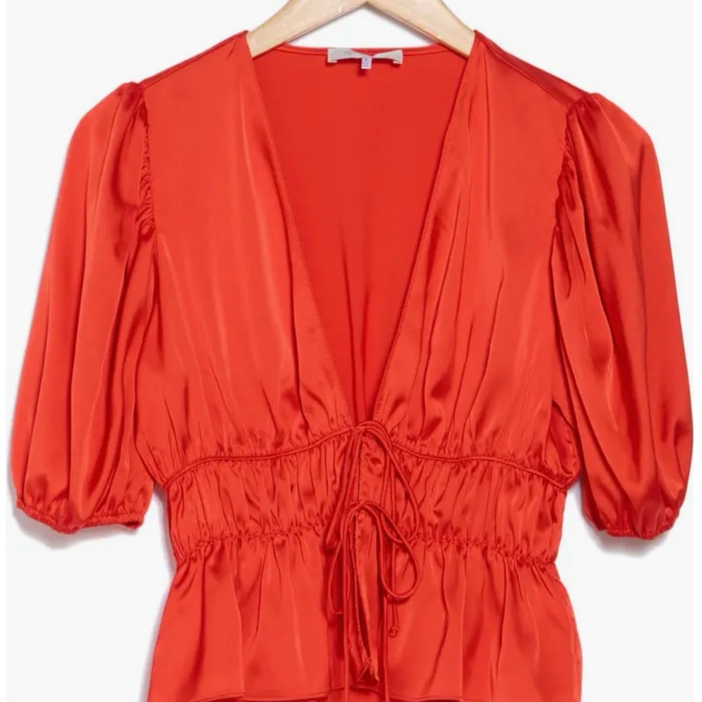 Sexy Puff Sleeve Tie Front Satin Blouse